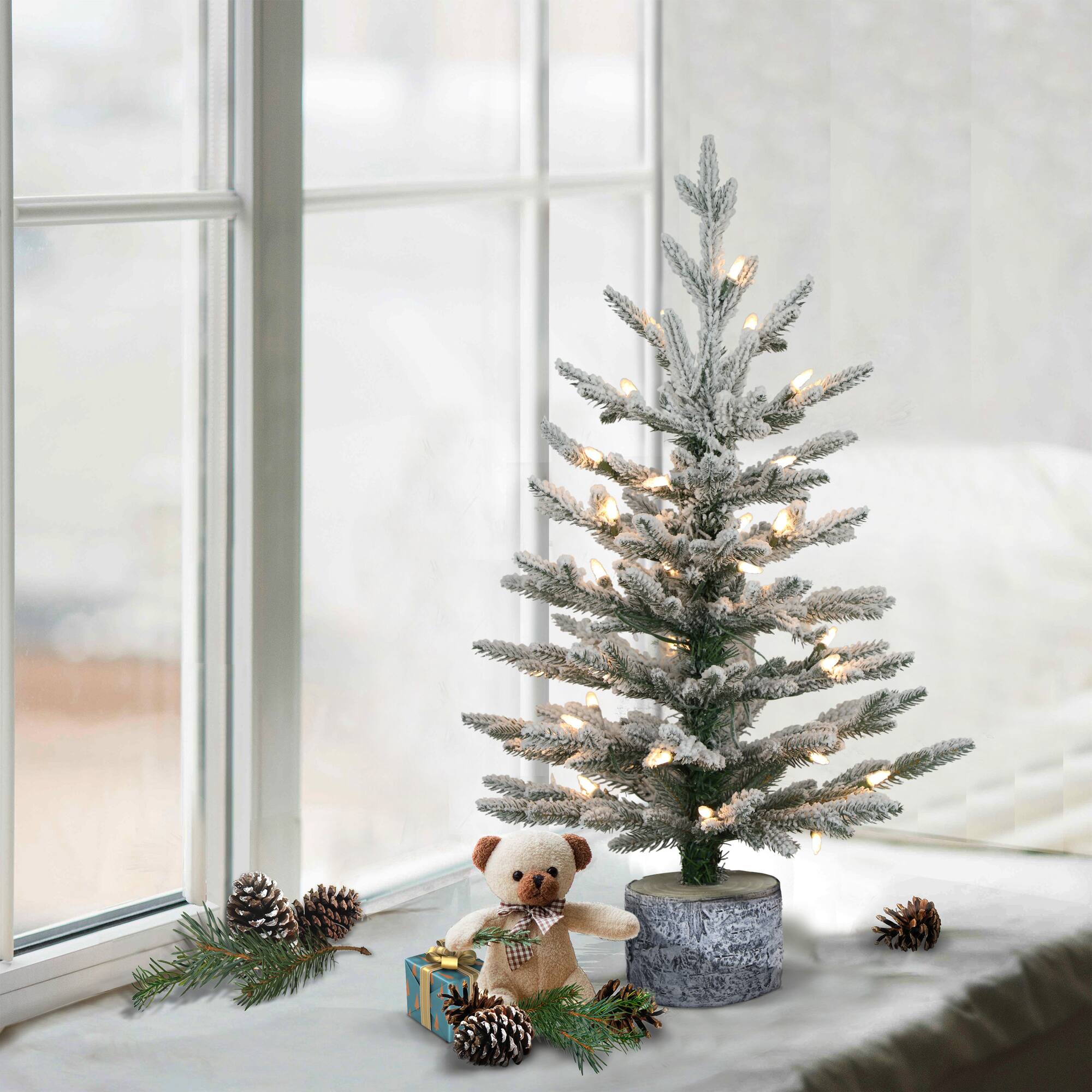 6 Pack: 2ft. Pre-Lit Potted Flocked Pencil Arctic Fir Artificial Christmas Tree, Clear Lights